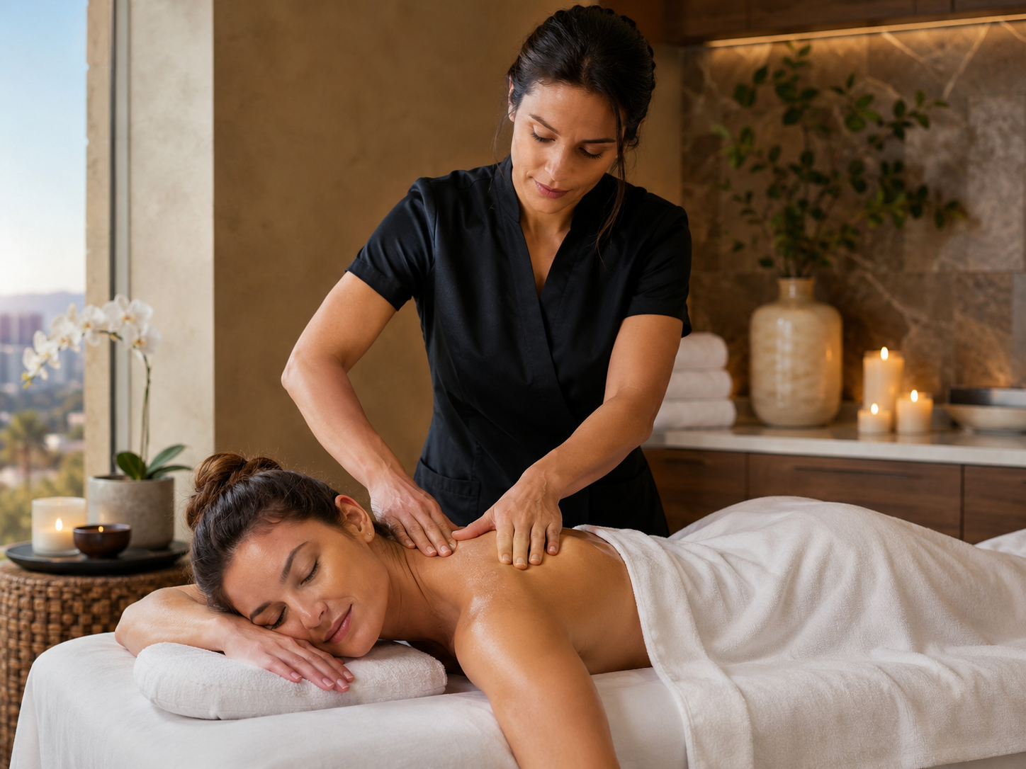 Therapist adjusting pressure on a guest’s shoulder during a calm Las Vegas massage session