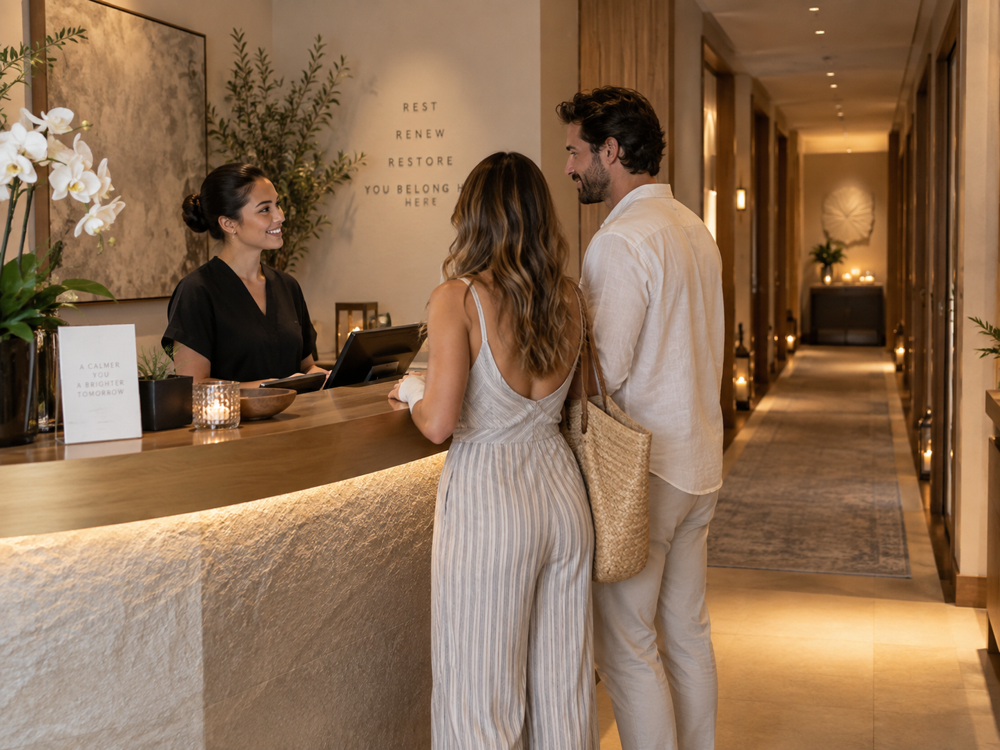 couple checking in at a small Las Vegas spa desk with a quiet hallway of treatment rooms behind the counter