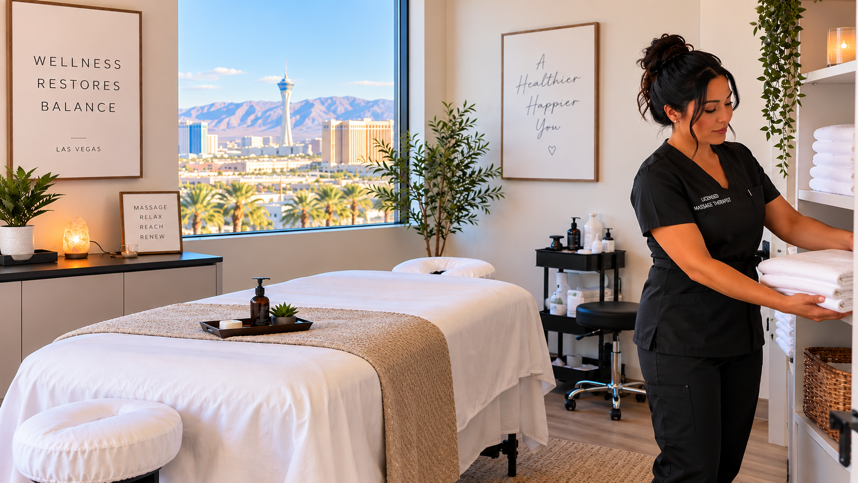 Licensed massage therapist hanging fresh folded linens beside a disinfected treatment table in a bright Las Vegas studio