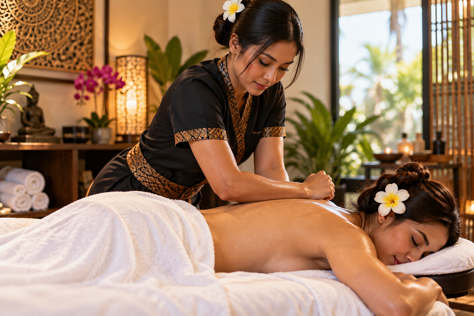 Therapist applying slow forearm pressure along a client’s upper back while the client lies prone in a calm Las Vegas treatment room with soft natural light