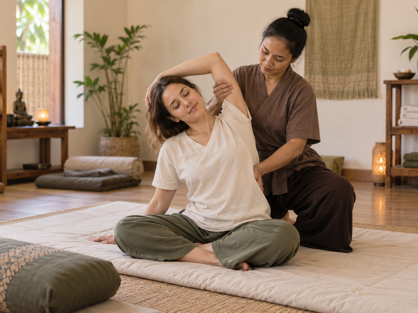 Professional massage therapist guiding a fully clothed guest through a gentle assisted stretch on a padded mat
