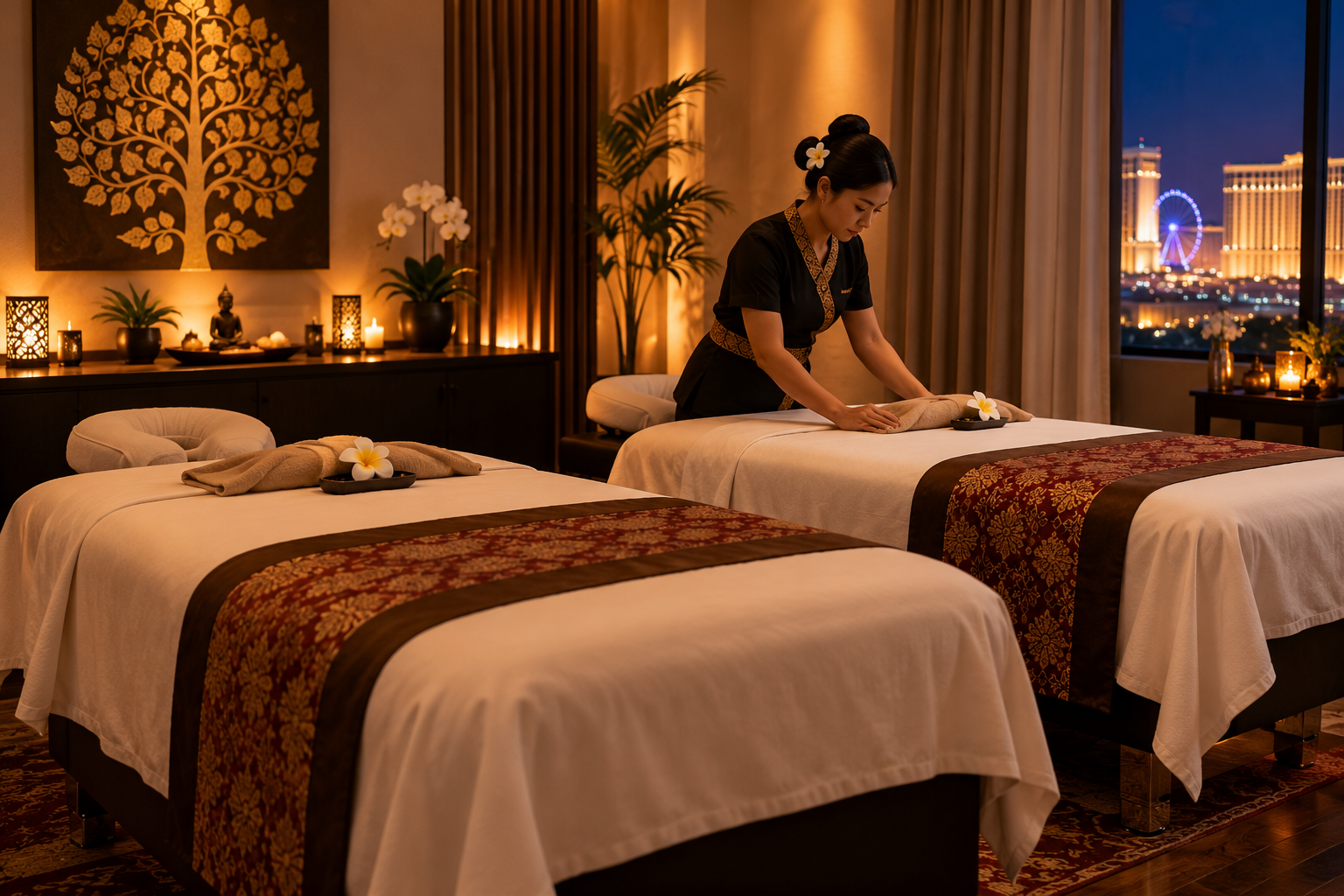 practitioner adjusting linens on two side-by-side massage tables in a softly lit Las Vegas treatment suite before guests arrive