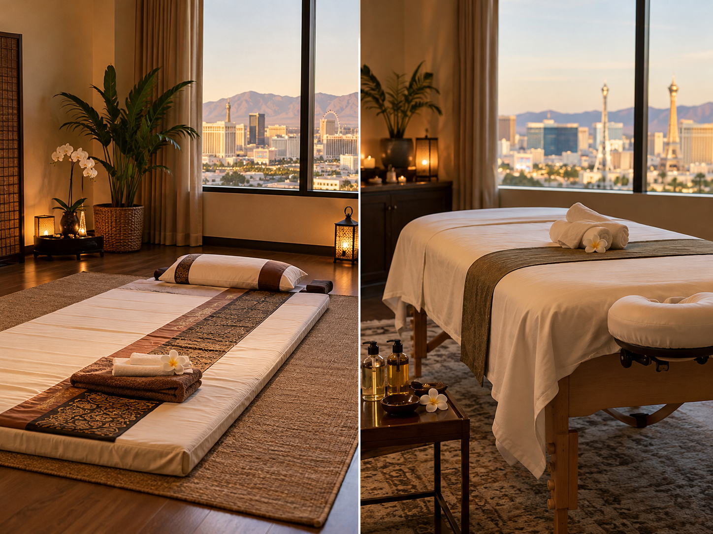 side-by-side view of a mat stretch and an oil massage table setup in a tidy Las Vegas studio