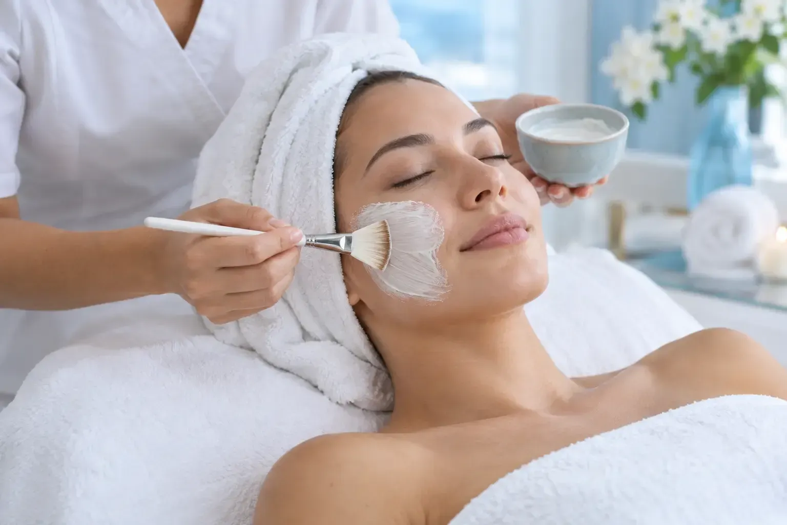 A facial mask being gently applied during a facial treatment