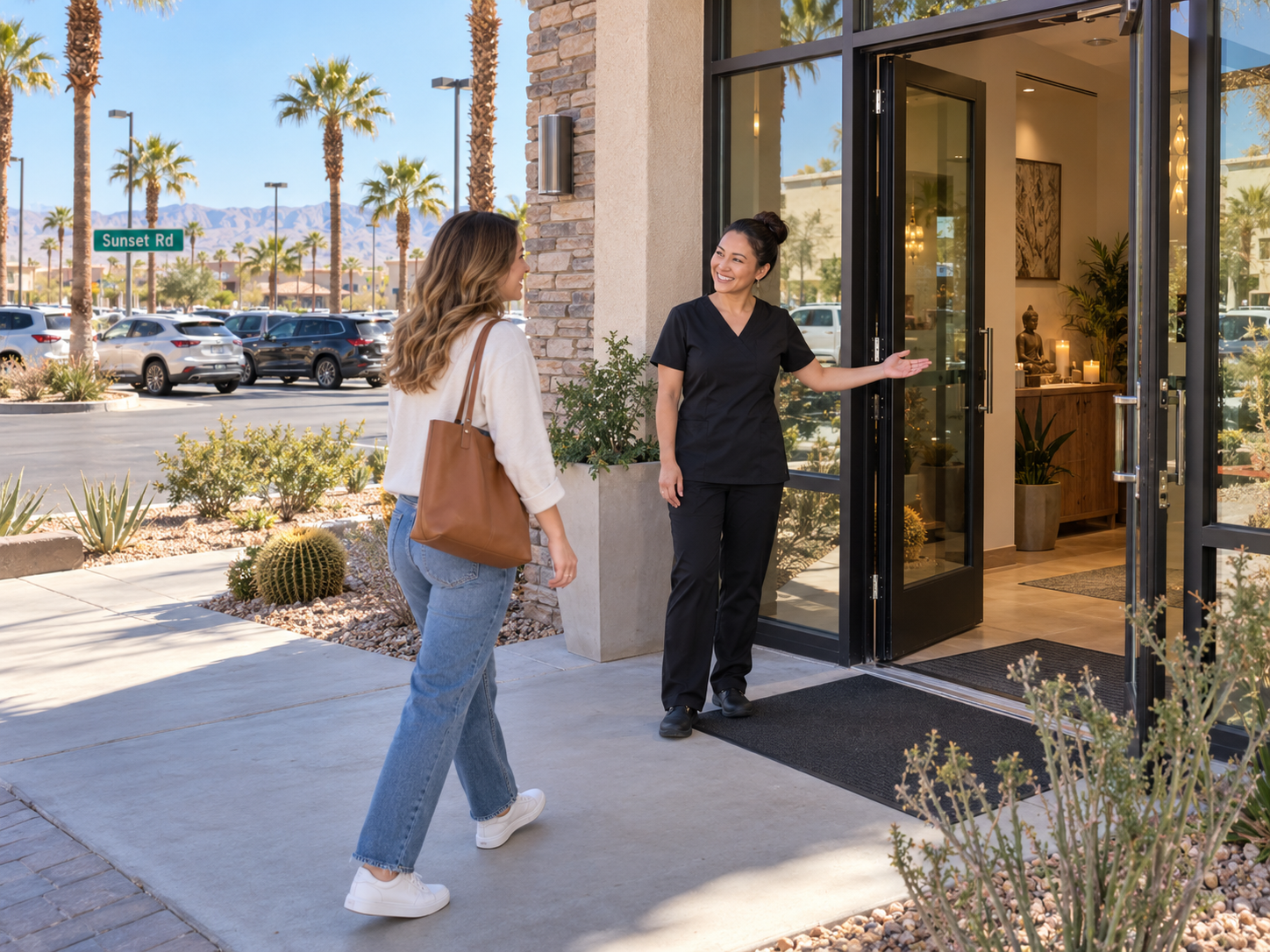 practitioner greeting a guest at the entrance of a Sunset Road massage studio with a free surface lot visible behind them