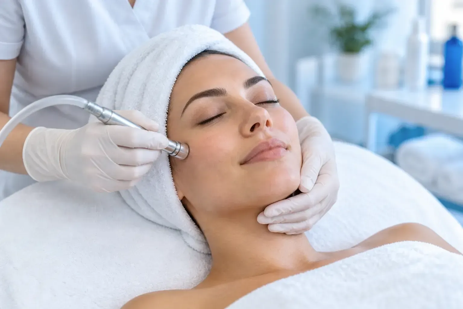 Microdermabrasion treatment with a professional facial handpiece