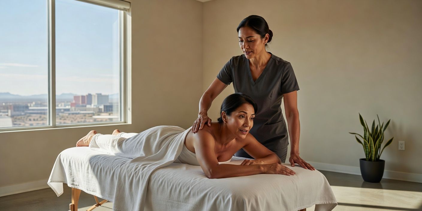 Client on a massage table turning their head slightly to speak while a therapist pauses forearm pressure on the shoulder blade in a quiet Las Vegas studio