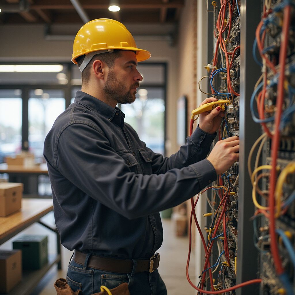 Electrician in yellow hard hat working on electrical panel, holding a voltage tester.