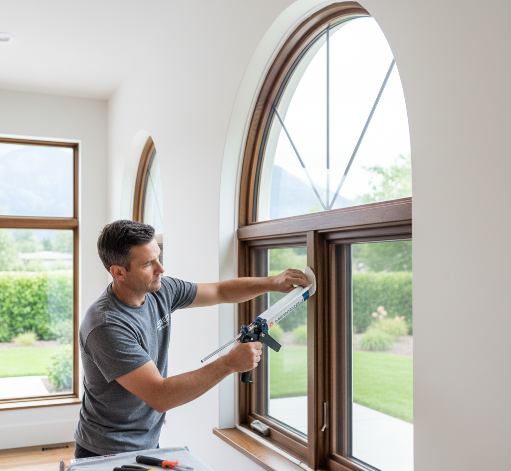 Man applying sealant to a window frame with a caulk gun. Indoors, natural light, wooden frame, white wall.