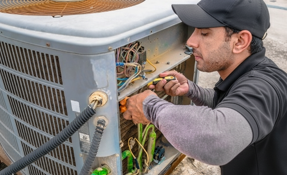 HVAC technician in black shirt and cap repairs an air conditioner unit.