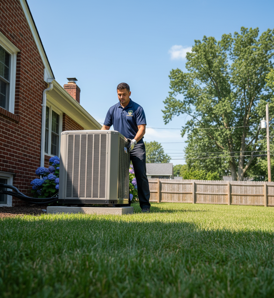 HVAC technician inspecting an outdoor air conditioning unit in a backyard on a sunny day.