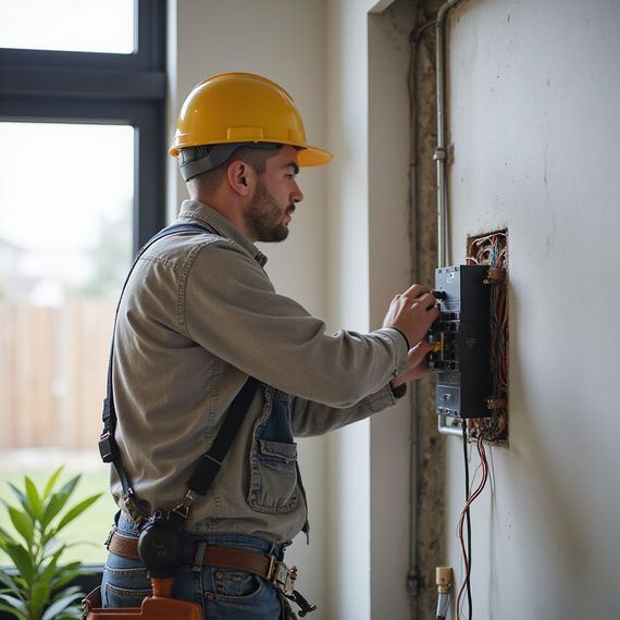Electrician in yellow hard hat working on electrical panel, indoors.