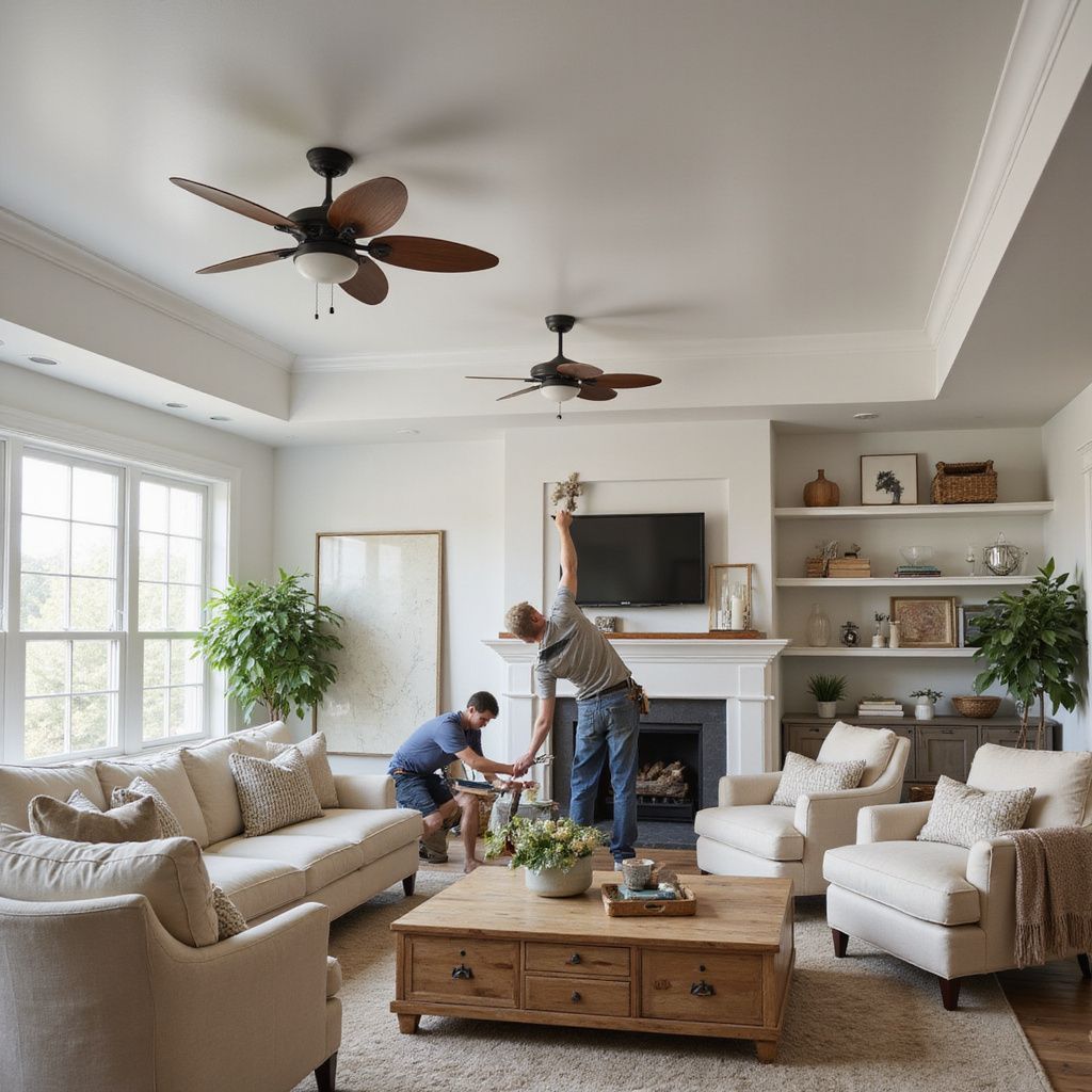 Two people installing ceiling fan in a bright living room with a fireplace, sofas, and coffee table.