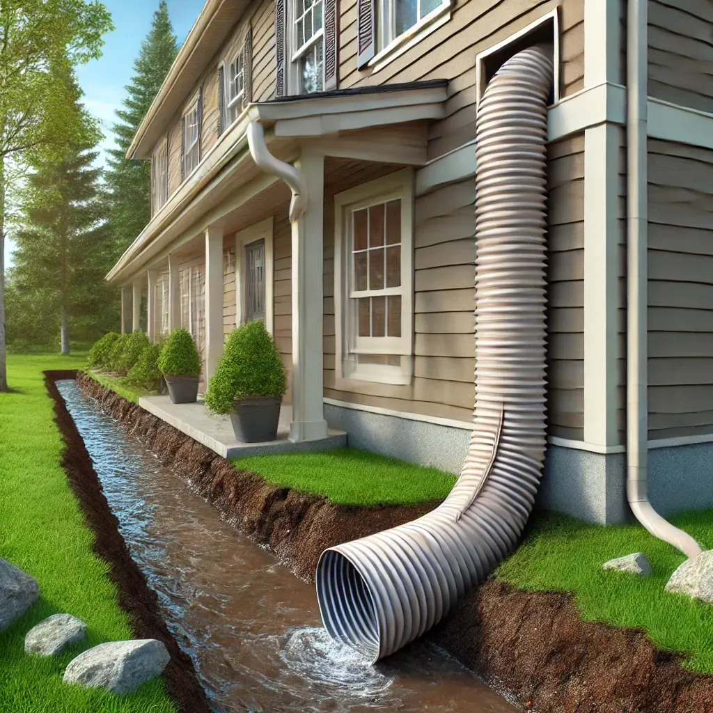 A drain pipe is coming out of the side of a house
