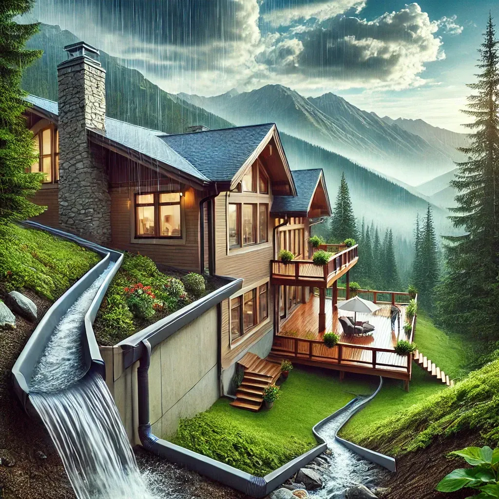 A house in the mountains with a waterfall in front of it