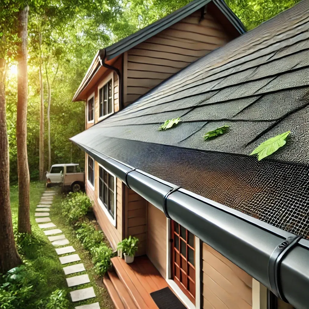 A house with a gutter on the side of it in the woods.