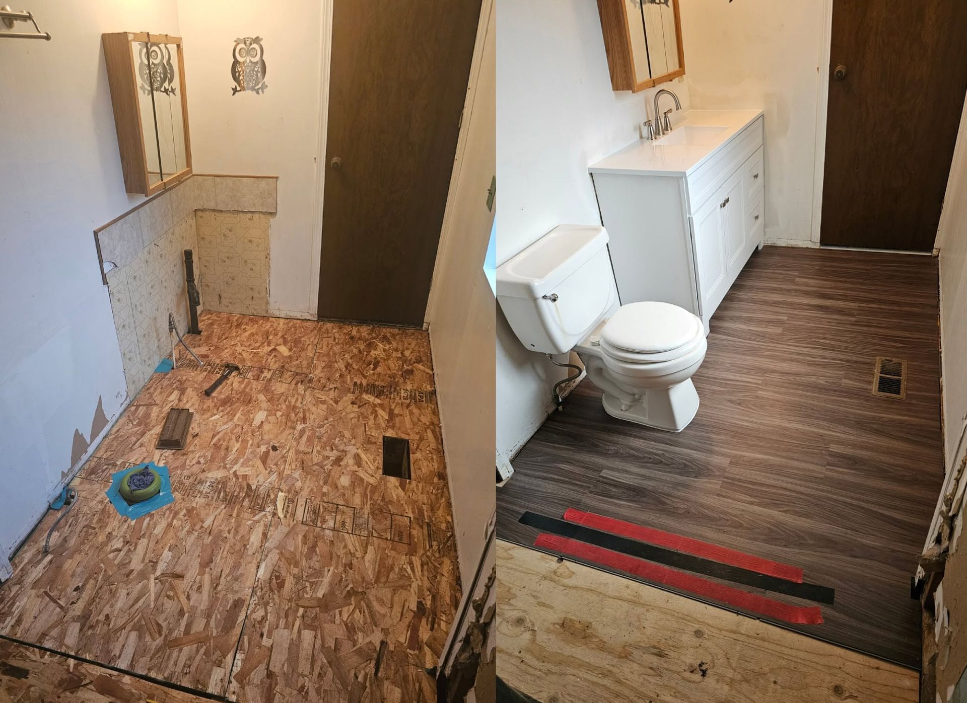 Small bathroom before-and-after: unfinished subfloor on left, remodeled vinyl floor and toilet on right.