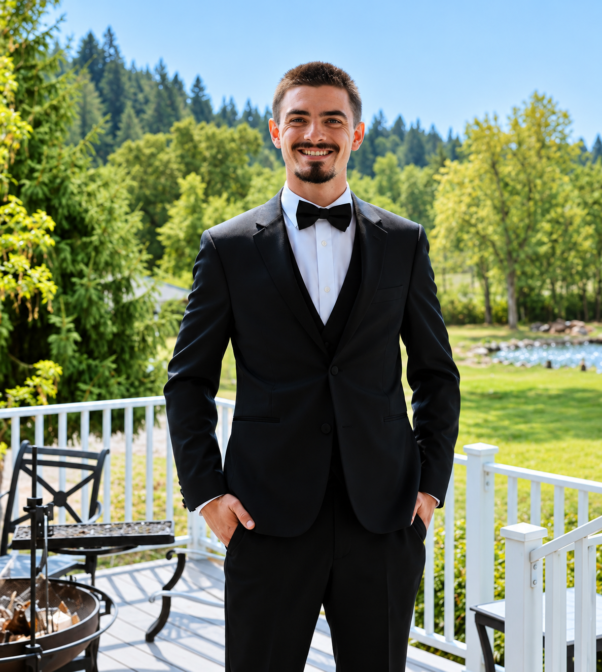 Man in a black tuxedo standing on a sunny patio with white railings and green trees behind him