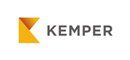 A logo for a company called kemper with a yellow triangle on a white background.