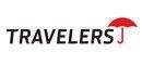 A logo for travelers j with a red umbrella in the middle.
