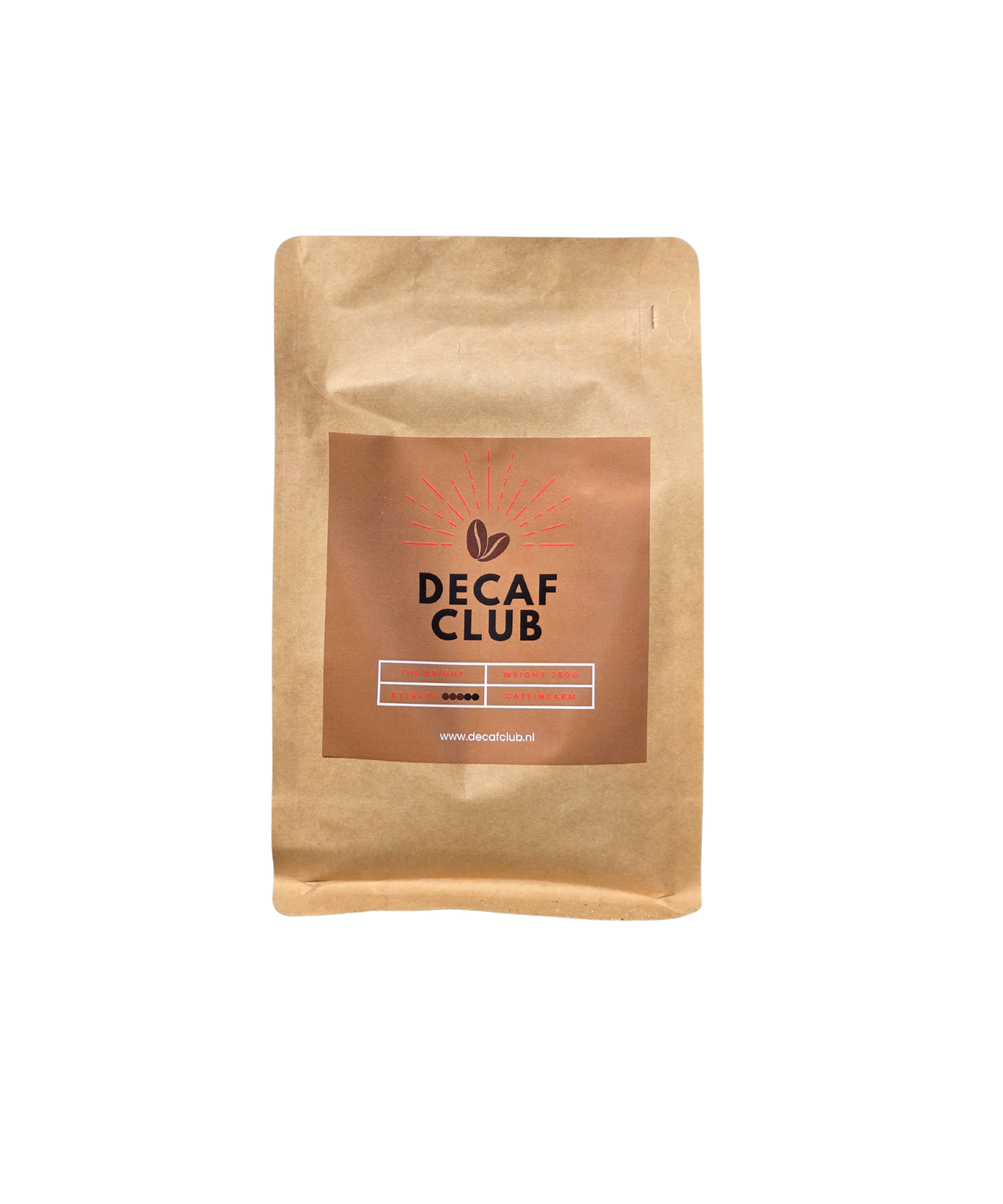 Bruine papieren zak met Decaf Club-koffie met een bruin etiket.