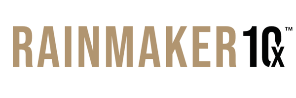 Rainmaker 10x logo in beige and black on a white background.