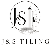 J&S Tiling logo with black lettering and a shower/tile illustration above the company name