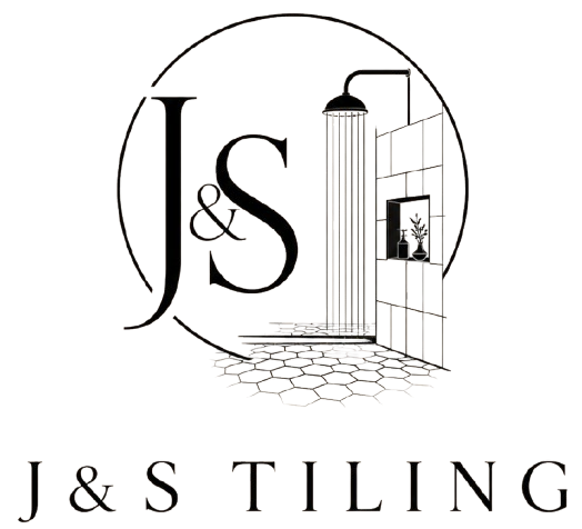 J&S Tiling logo with black lettering and a shower/tile illustration above the company name