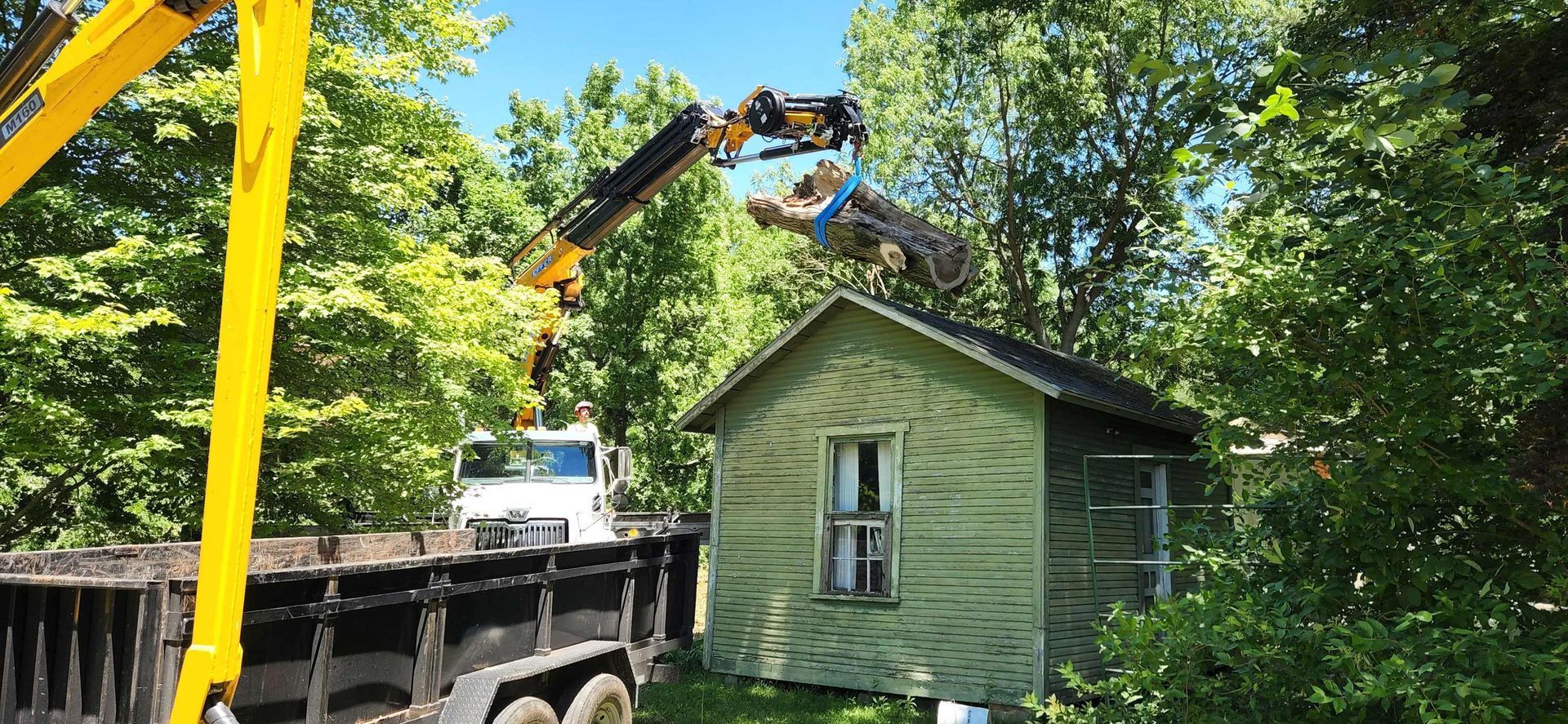 Crane is Lifting a Tree From the Roof — Masury, OH — Hackett's Tree Service