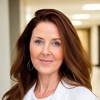 Portrait of a smiling woman with long brown hair in a bright indoor hallway