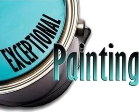 Close-up of a paint can lid labeled &ldquo;Exceptional Painting&rdquo; in black and teal text.