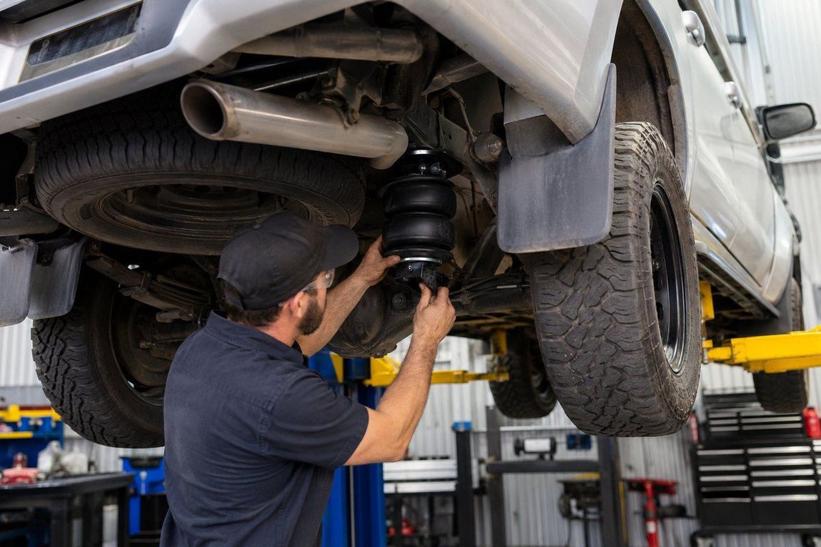 Mechanic inspecting truck suspension underneath a lifted vehicle in a repair shop — Mechanical World In Wagga Wagga, NSW