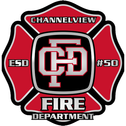 Red and black logo for the Channelview Fire Department, ESD #50, featuring a Maltese cross design.