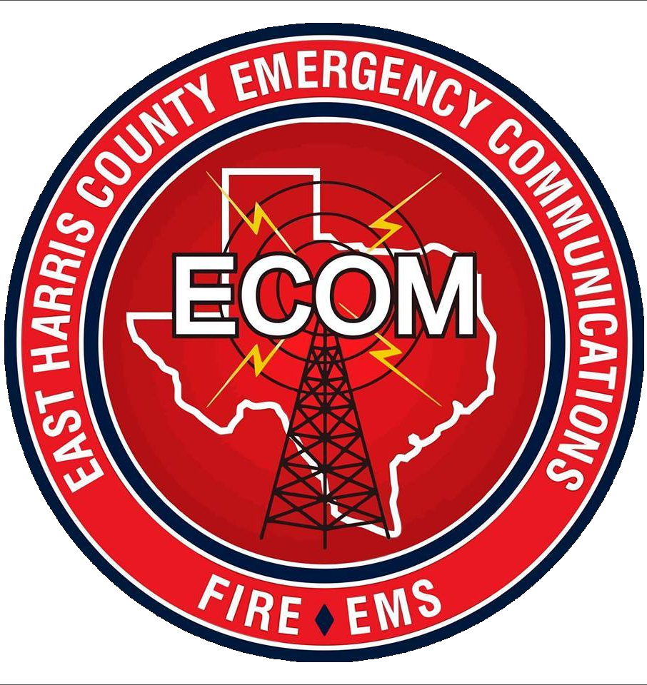 Circular logo for East Harris County Emergency Communications with a Texas map outline, radio tower, and ECOM text.