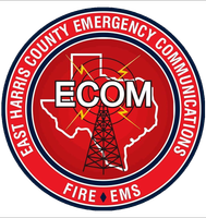 Round logo for East Harris County Emergency Communications with a Texas outline, radio tower, and ECOM text on a red background.