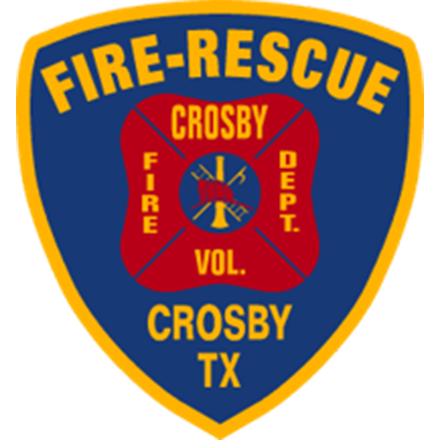 The Crosby Volunteer Fire Department shield logo with blue, red, and gold colors.