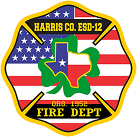 The Harris County ESD-12 Fire Department badge features an American flag backdrop, a green clover, and a Texas flag map.