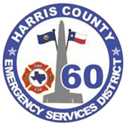 Circular emblem for Harris County Emergency Services District 60, featuring the San Jacinto Monument, flags, and a logo.