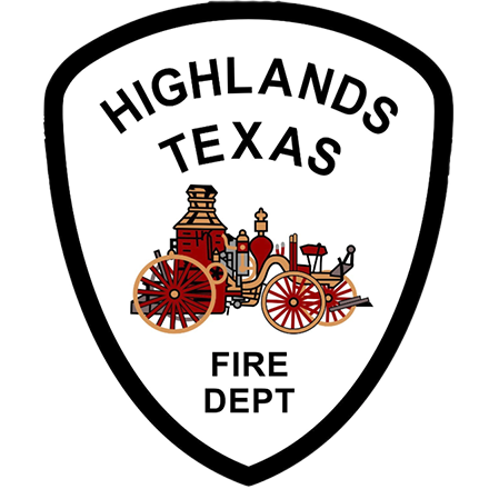 Highlands Texas Fire Dept. patch with a vintage steam fire engine centered on a white shield-shaped background.