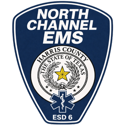 Logo for North Channel EMS, ESD 6, featuring a blue shield, the Texas state seal, and a Star of Life symbol.