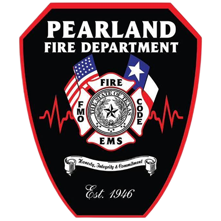 Pearland Fire Department emblem: a black shield with a central Maltese cross, US and Texas flags, and text, est. 1946.