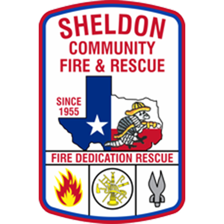 Logo of Sheldon Community Fire & Rescue with a Texas silhouette, an armadillo, and icons of a flame, badge, and tool.