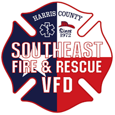 A Maltese cross logo for Harris County Southeast Fire & Rescue VFD, featuring a Texas star, medical symbol, and founding date.