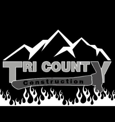 Tri County Construction logo with mountain peaks, gray text, and flames along the bottom on black background