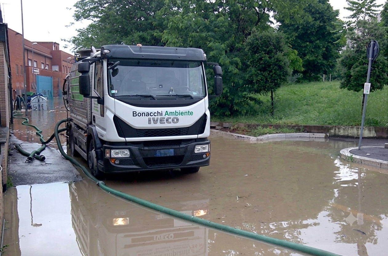 Un grosso camion bianco immerso nell'acqua alta accanto a un edificio in mattoni, con un tubo flessibile che attraversa la strada fangosa.