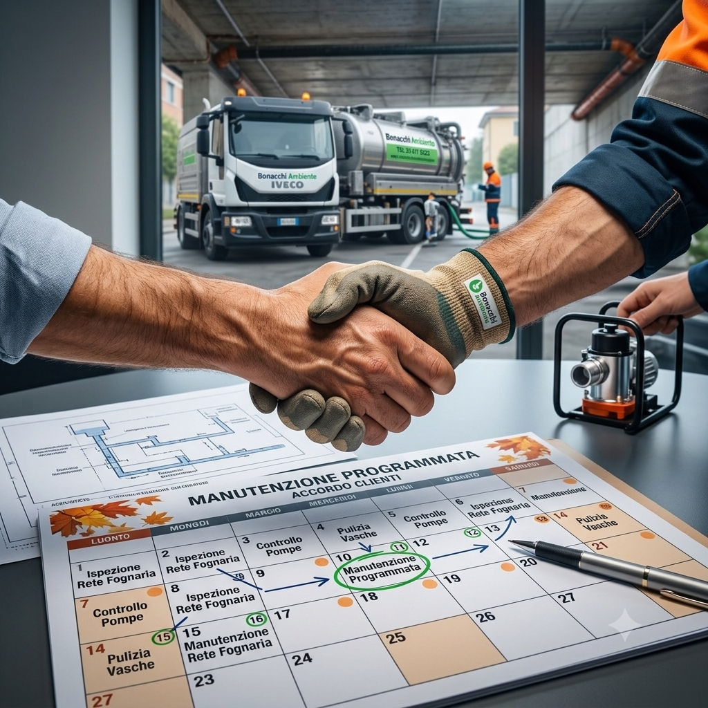 Operai si stringono la mano per consultare un calendario di pianificazione, con un camion della spazzatura sullo sfondo.
