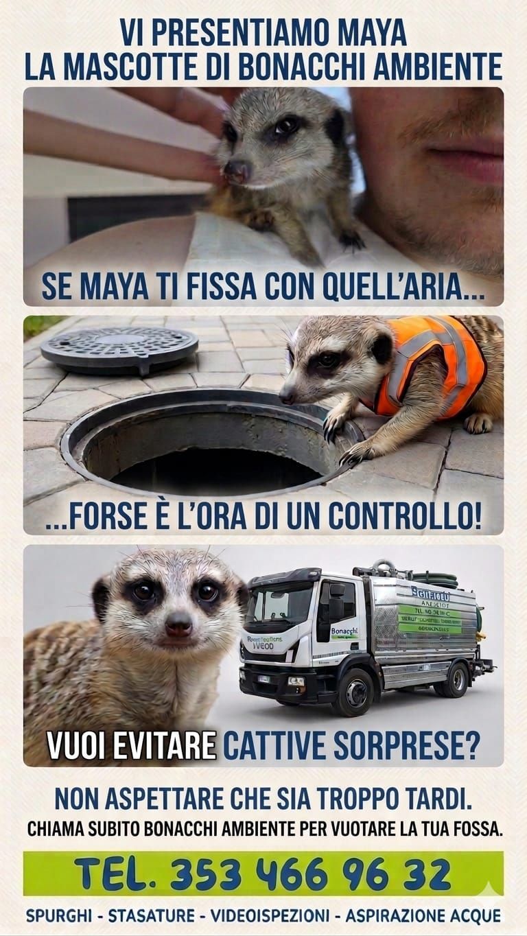 Cartello ironico con suricati, fontanella e camion dei rifiuti; promuove un controllo ambientale.
