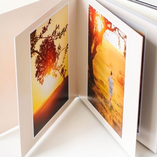 A book is open to a picture of a tree and a woman