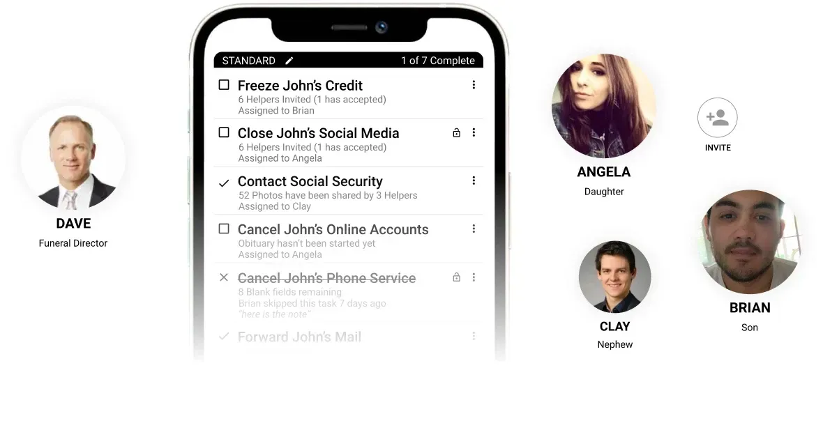 Smartphone showing a contacts list with profile photos and names, including Dave, Alyssa, and Oliver