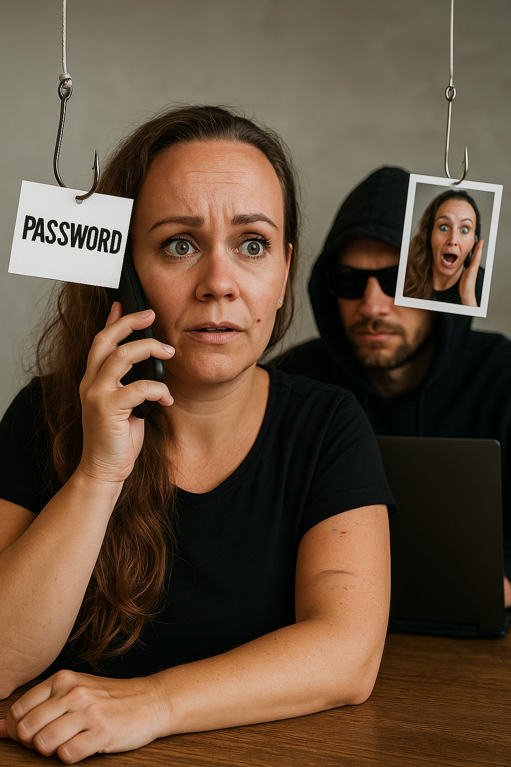 Im Vordergrund ist eine Frau zu sehen, die telefoniert; hinter ihr hält eine maskierte Person ein Passwortschild und ein Foto.